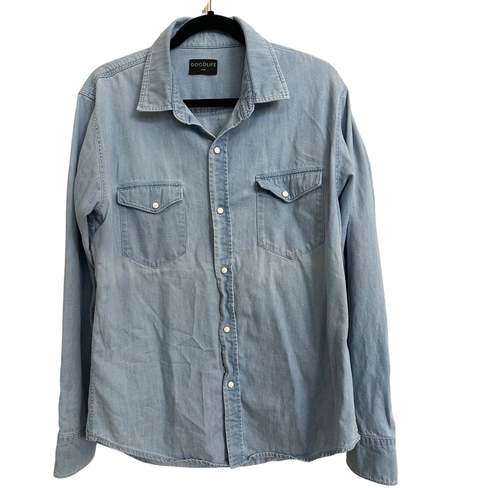 Goodlife Mens Light Wash Denim Western Snap Button Down Shirt Large Blue Cotton